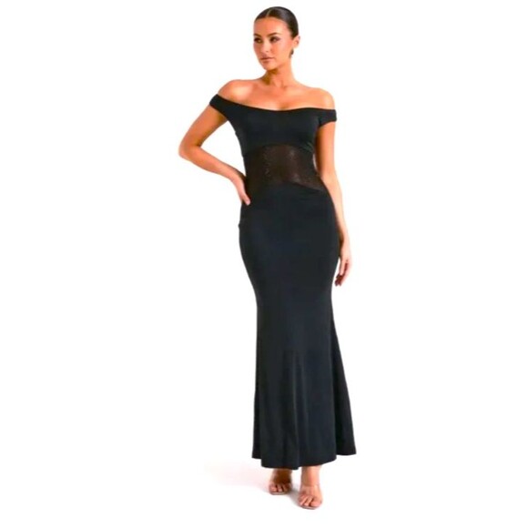 Meshki Desmond Sz S Slinky Off Shoulder with Diamante Black Sheer Midriff Maxi - Picture 1 of 15